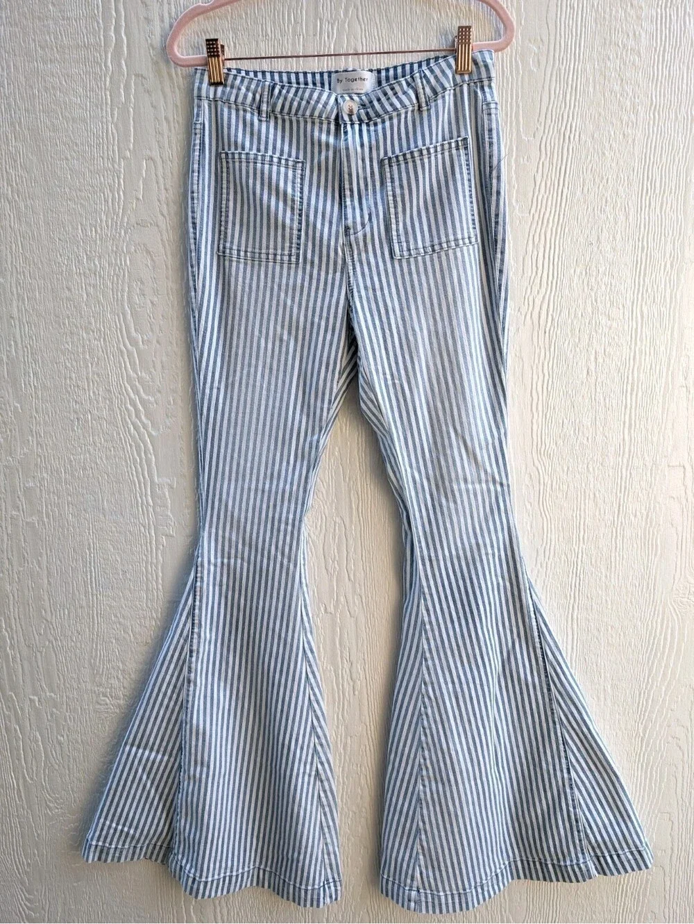 By Together Blue Striped Bell Bottom Jeans High Waisted Boho Flare Size Small